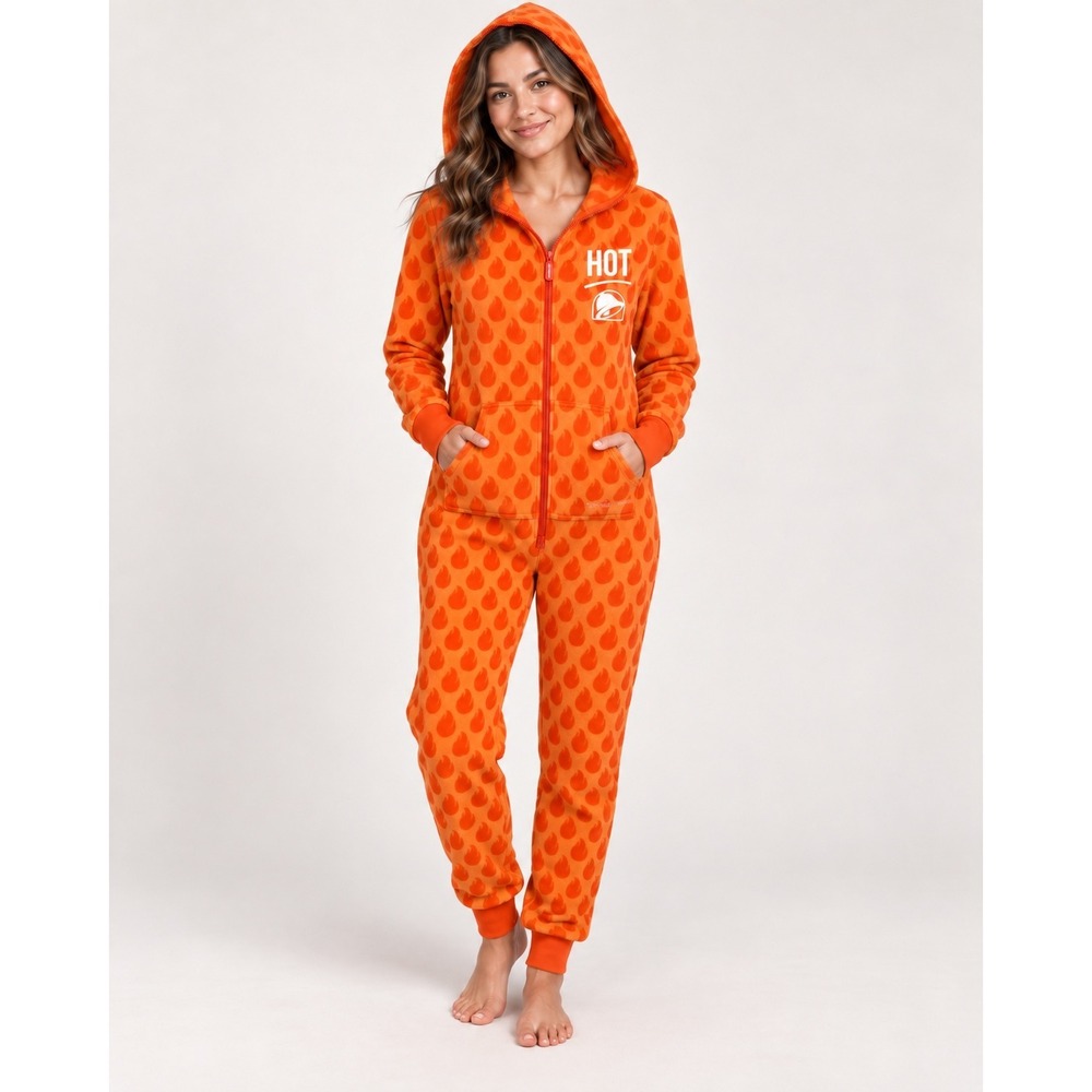 Tipsy Elves Taco Bell Hot Sauce Jumpsuit Adult S Orange Hooded Halloween